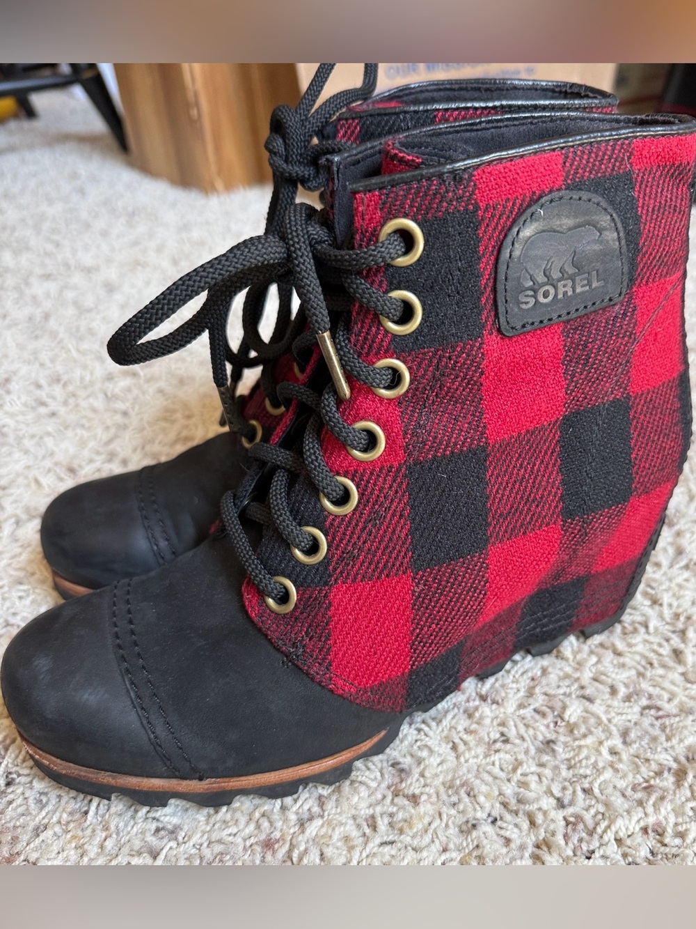 Sorel PDX Wedge Boots Women’s Red Black Buffalo Plaid 9.5 Booties